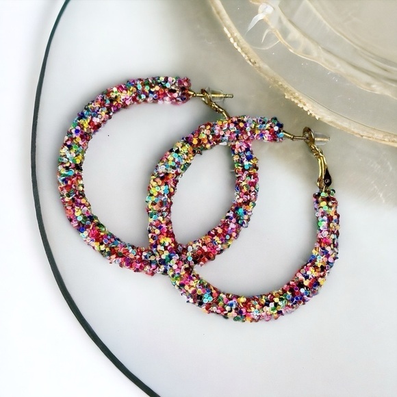Confetti Glitter Gold Hoop Earrings Multi Color Nwt - Picture 2 of 8
